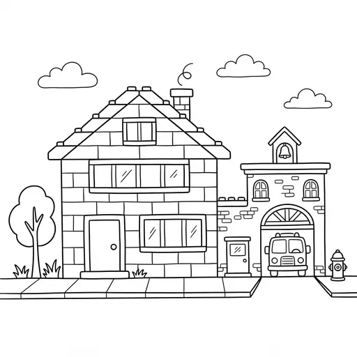 Toy Brick House Coloring Page — Toy Brick House And Fire Station