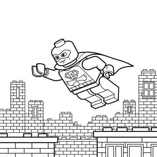 Superhero Coloring Page — Flying Over a Brick City