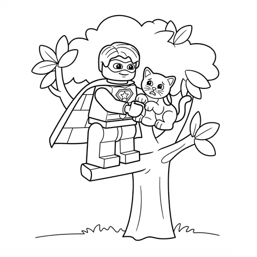 Superhero Coloring Page — Rescuing a Kitten in a Tree