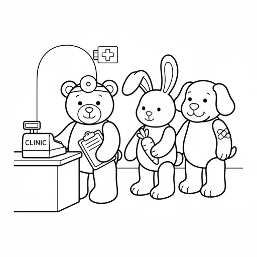 Doctor Coloring Page — Animals Waiting at the Clinic