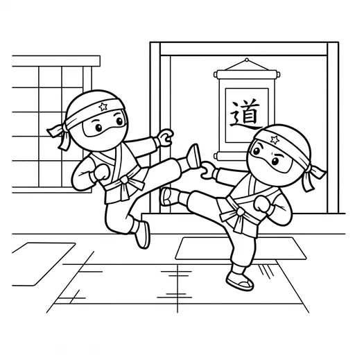 Ninja Coloring Page — Practising Kicks in a Dojo