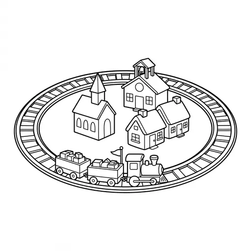 Toy Coloring Page — Circular Track Around a Village