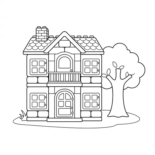 Toy Brick House Coloring Page — Two-Story Toy Brick House with a Balcony and a Tree