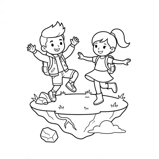 Video Game Coloring Page — Characters with Backpacks Dancing on a Floating Island