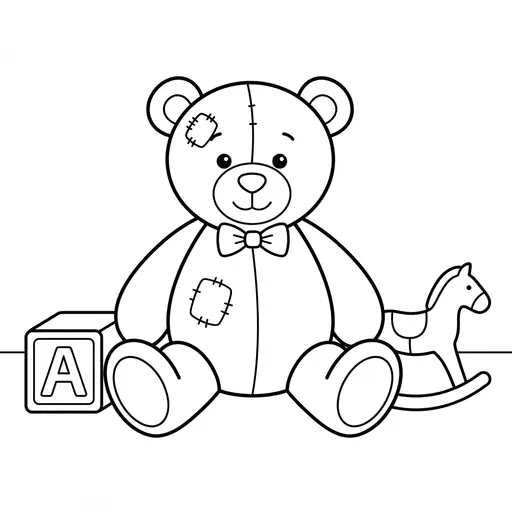 Teddy Bear Coloring Page — Sitting With Toys and Patches
