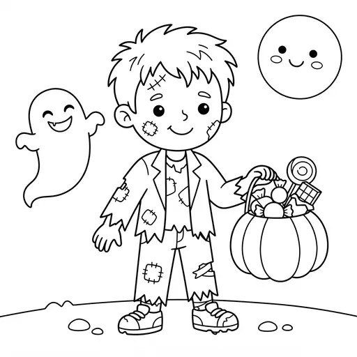 Zombie Coloring Page — Holding a Pumpkin Candy Bucket
