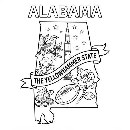 Alabama Coloring Page — State Outline With Symbols