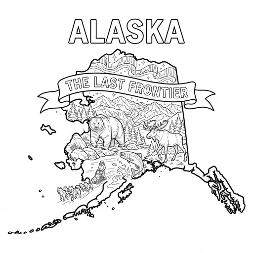 Alaska Coloring Page — Map With The Last Frontier Banner