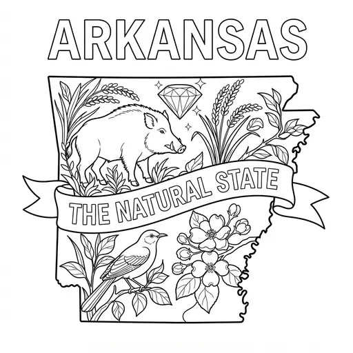 Arkansas Coloring Page — State Map With Symbols and Banner