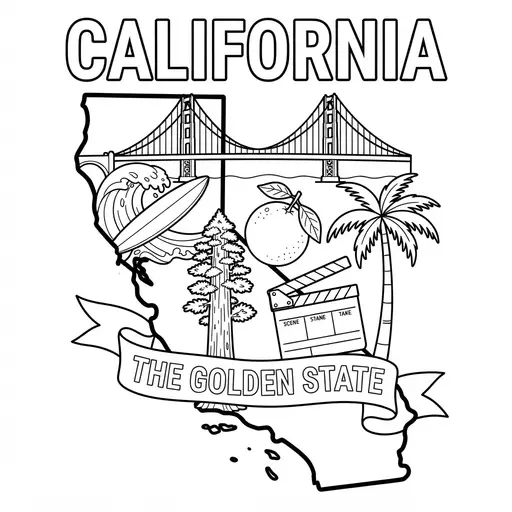 California Coloring Page — State Map With Iconic Landmarks