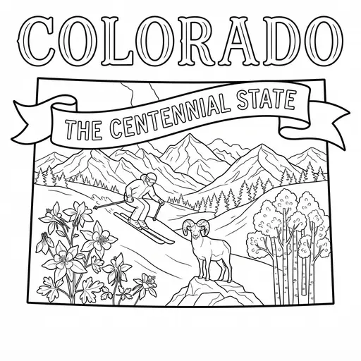 Colorado Coloring Page — State Outline with Mountains and Skier