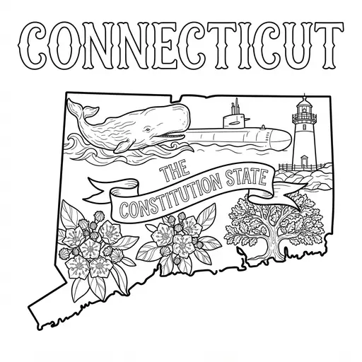 Connecticut Coloring Page — State Map with State Symbols