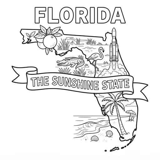 Florida Coloring Page — Map With The Sunshine State Banner
