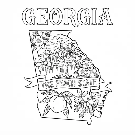 Georgia Coloring Page — State Map With Peach And Bird