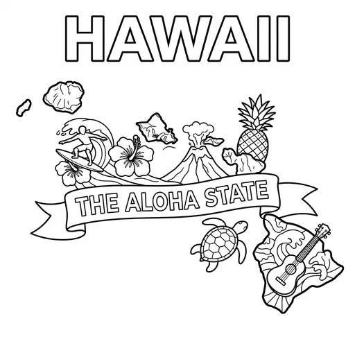 Hawaii Coloring Page — Map With Aloha State Banner