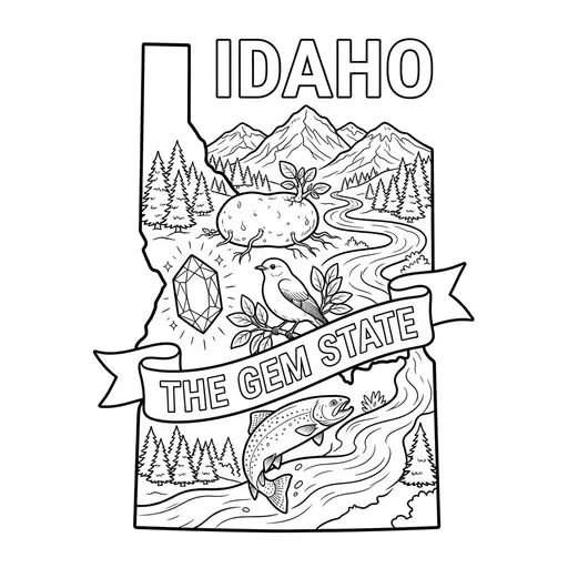 Idaho Coloring Page — State Outline With State Symbols And Banner