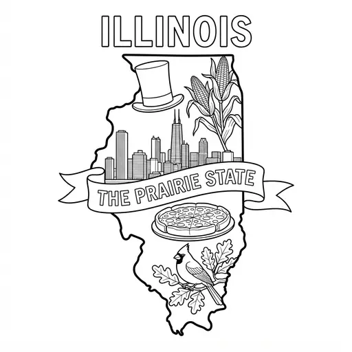 Illinois Coloring Page — State Map with Landmarks and Symbols