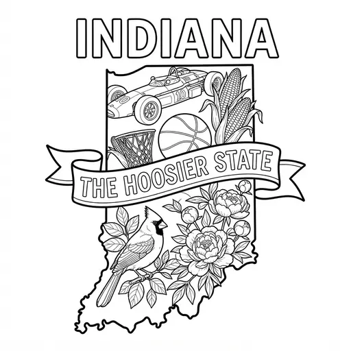 Indiana Coloring Page — State Map with Symbols