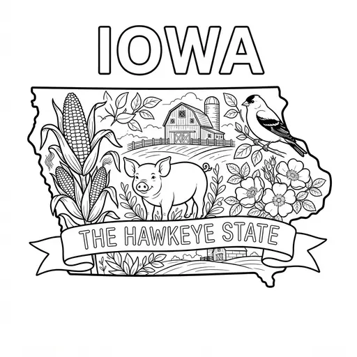 Iowa Coloring Page — State Map with Symbols