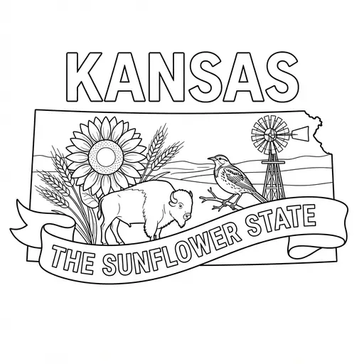 Kansas Coloring Page — State Map with Symbols and Banner