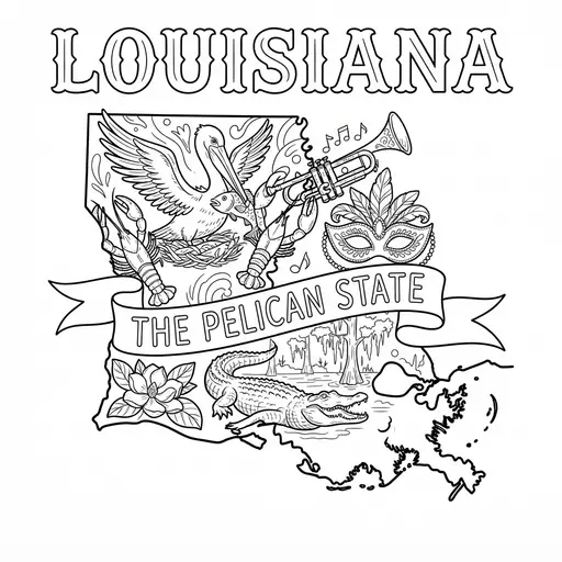 Louisiana Coloring Page — State Map With Symbols and Banner