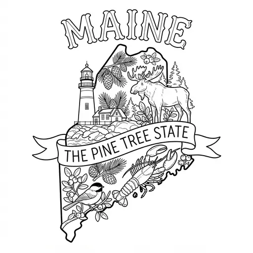 Maine Coloring Page — State Map With Symbols And Banner