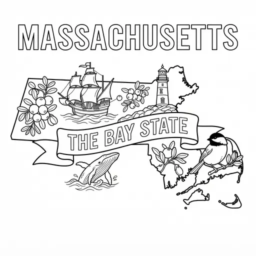 Massachusetts Coloring Page — State Map with Symbols and Banner