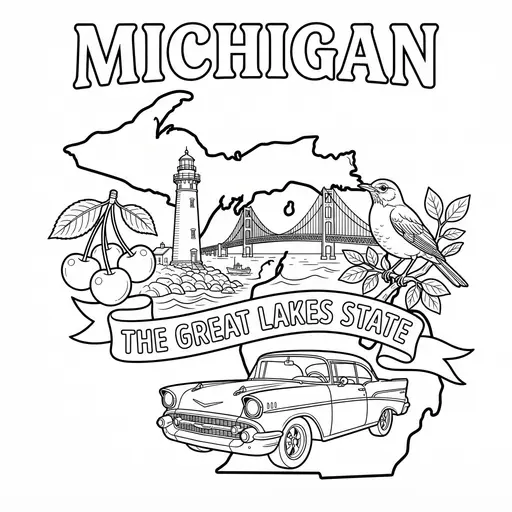 Michigan Coloring Page — State Symbols With Map And Banner