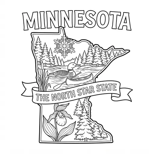 Minnesota Coloring Page — State Map with The North Star State Banner