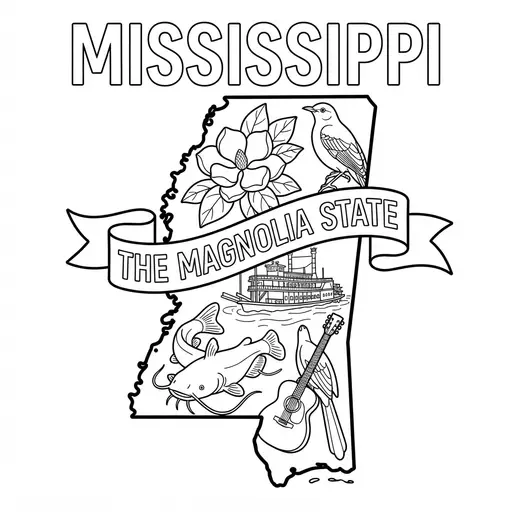 Mississippi Coloring Page — State Map with Symbols and Banner
