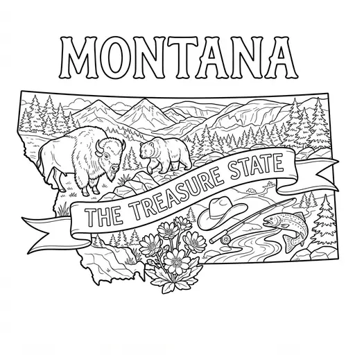 Montana Coloring Page — Map With State Symbols And Banner