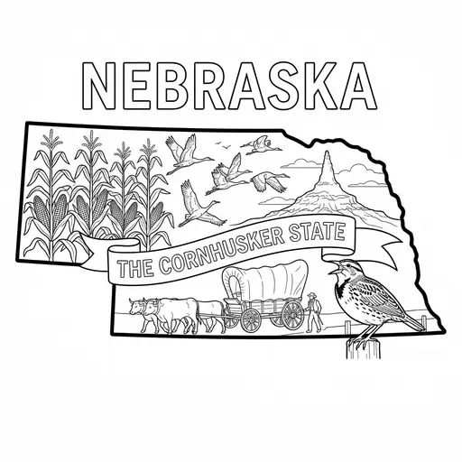 Nebraska Coloring Page — State Outline With Symbols and Banner