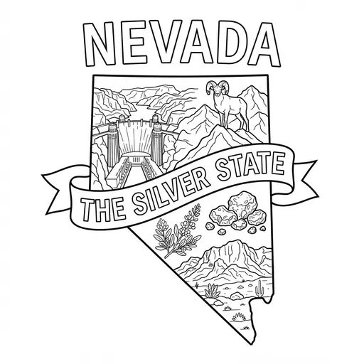 Nevada Coloring Page — State Map With Symbols and Banner