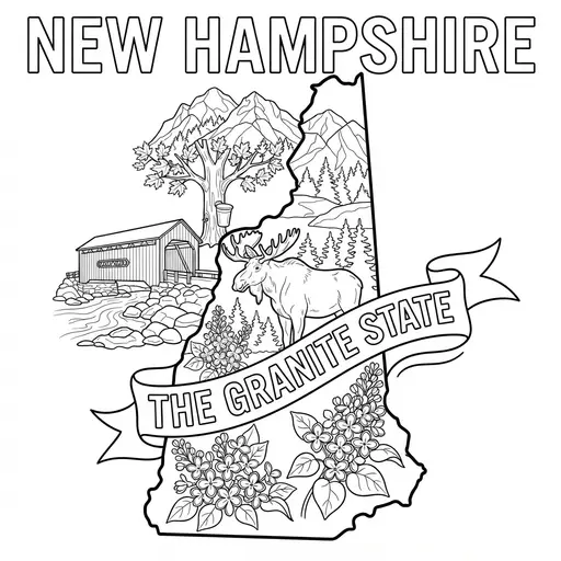 New Hampshire Coloring Page — State Map With Iconic Landmarks