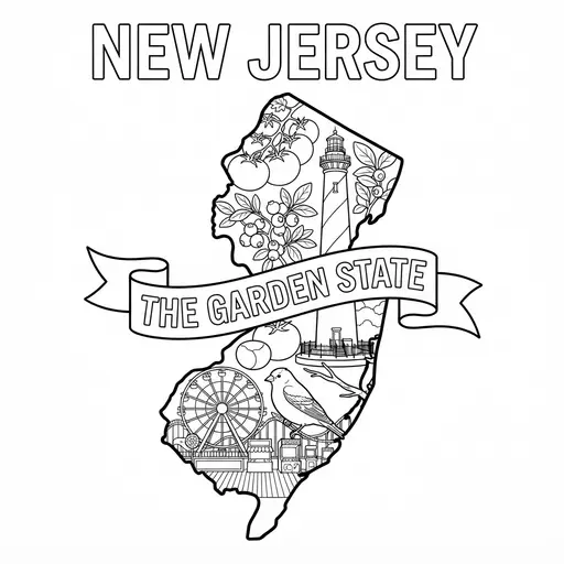 New Jersey Coloring Page — State Map with The Garden State Banner
