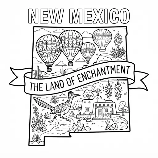 New Mexico Coloring Page — State Map with Roadrunner and Hot Air Balloons
