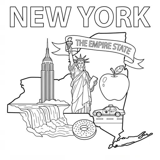 New York Coloring Page — State Map with Landmarks
