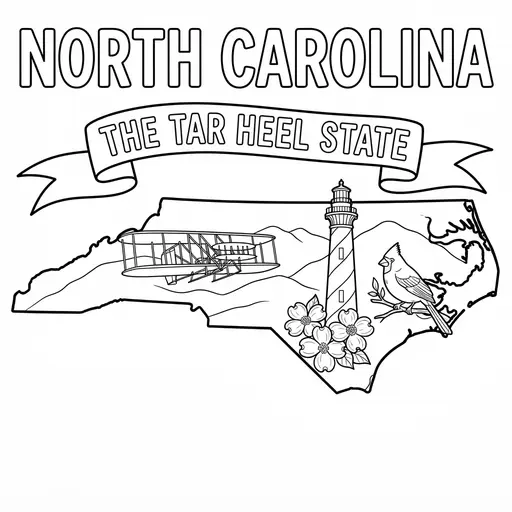 North Carolina Coloring Page — State Map with The Tar Heel State Banner
