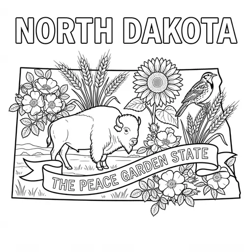 North Dakota Coloring Page — State Map with Symbols