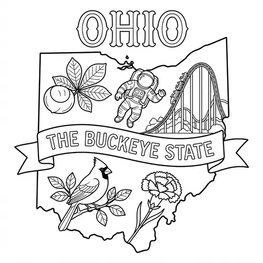 Ohio Coloring Page — State Map with Icons and Banner
