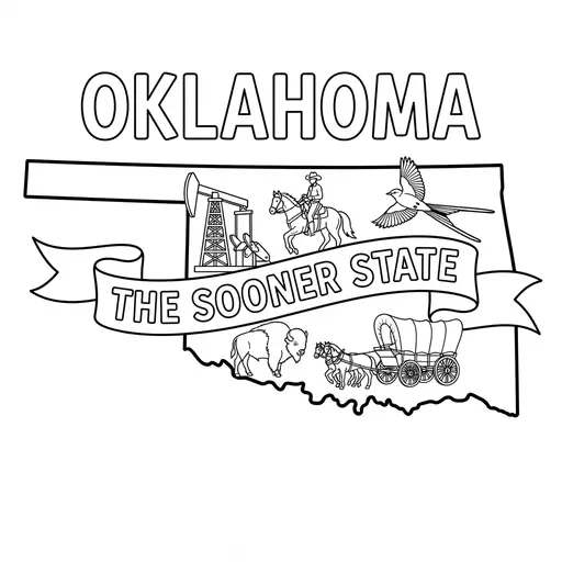 Oklahoma Coloring Page — State Map With Symbols and Banner