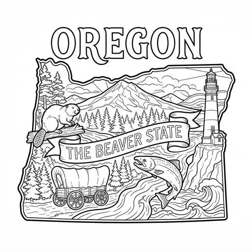 Oregon Coloring Page — State Map with Landmarks and Beaver
