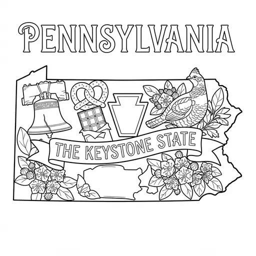Pennsylvania Coloring Page — Map With State Symbols and Banner