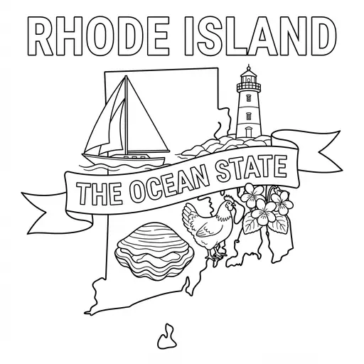 Rhode Island Coloring Page — State Map with The Ocean State Banner