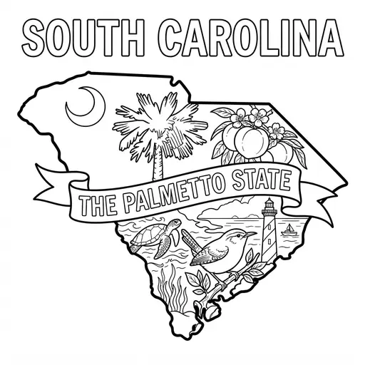 South Carolina Coloring Page — Map With State Symbols