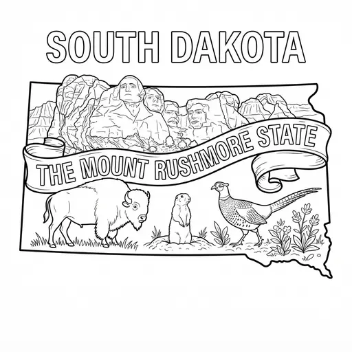 South Dakota Coloring Page — State Map with Mount Rushmore