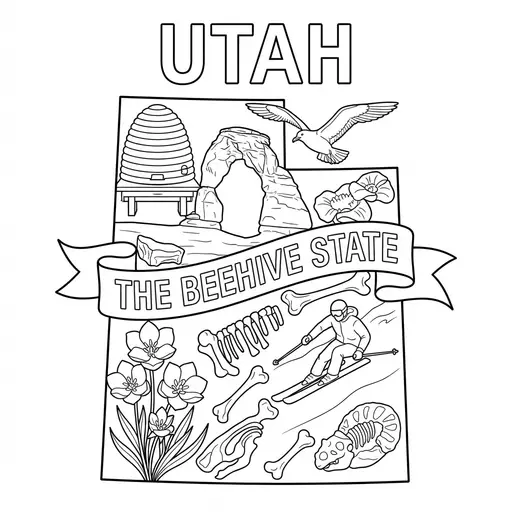 Utah Coloring Page — State Map With State Symbols And Banner