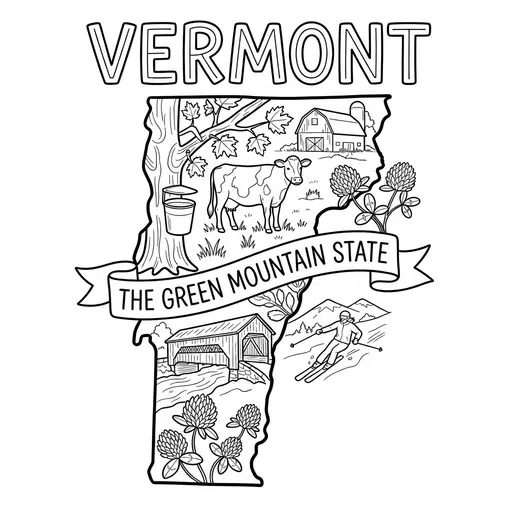 Vermont Coloring Page — State Map With Icons And Banner