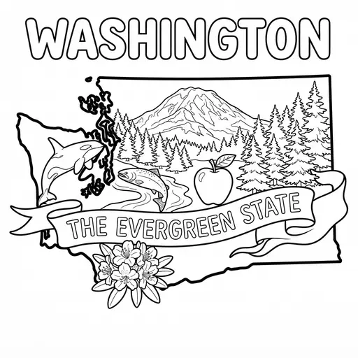 Washington Coloring Page — State Map With Symbols And Banner