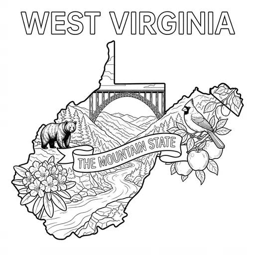 West Virginia Coloring Page — Map Filled with State Symbols